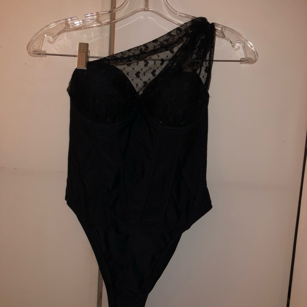 One-Shoulder Black Lace Bodysuit/swimwear.